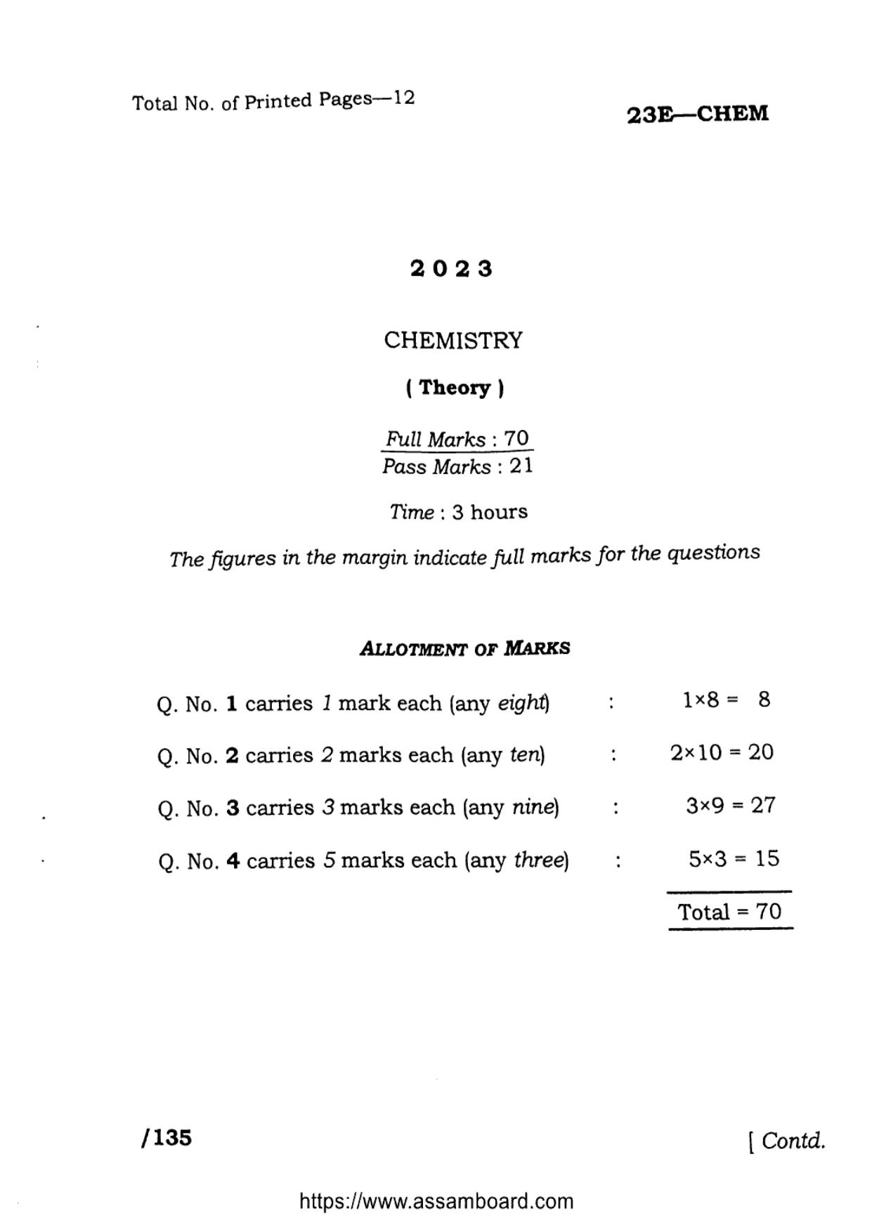 AHSEC Class 11 Chemistry 2023 Question Paper - Page 1