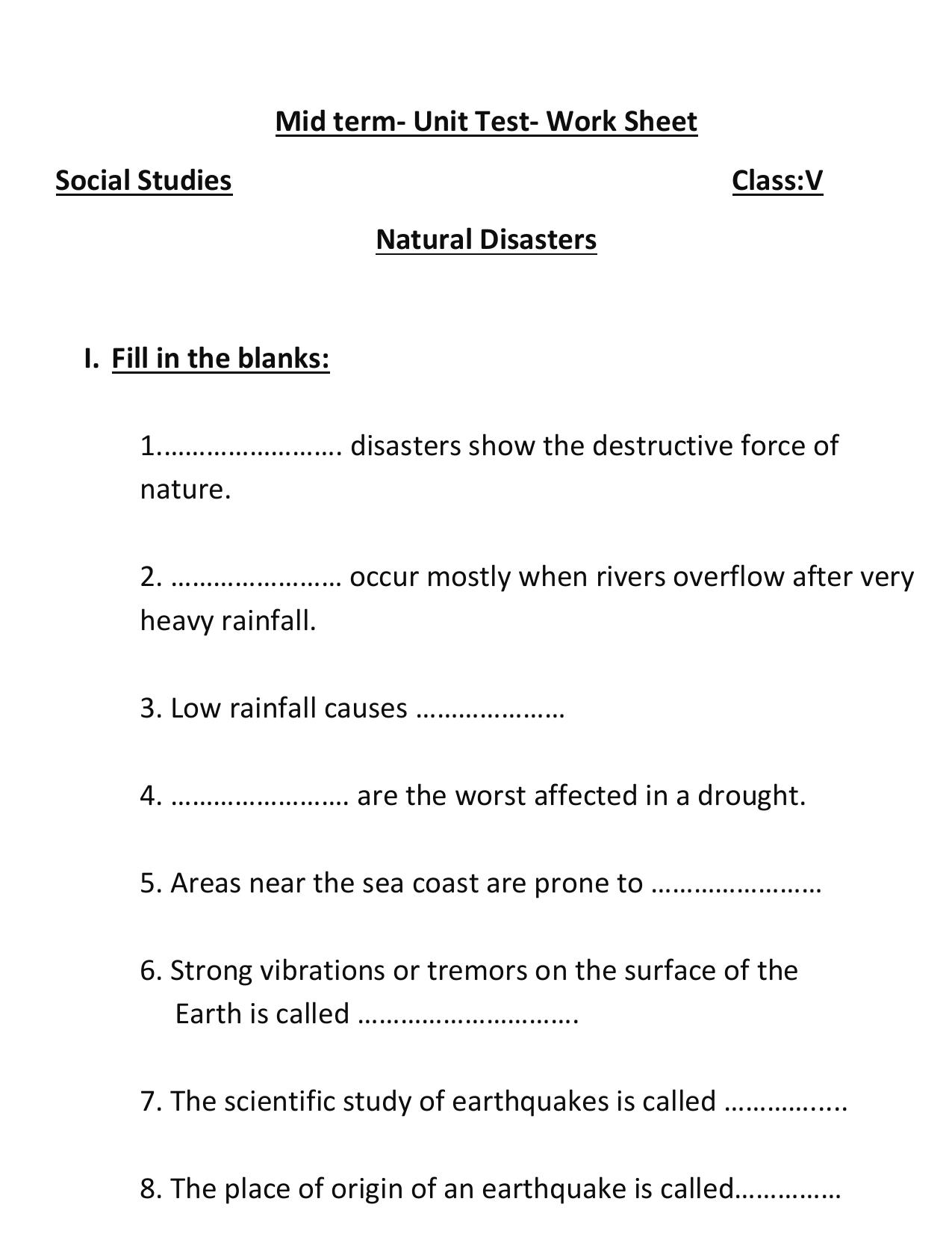 Worksheet for Class 5 Social Science Natural Disasters Assignment 2 - Page 1
