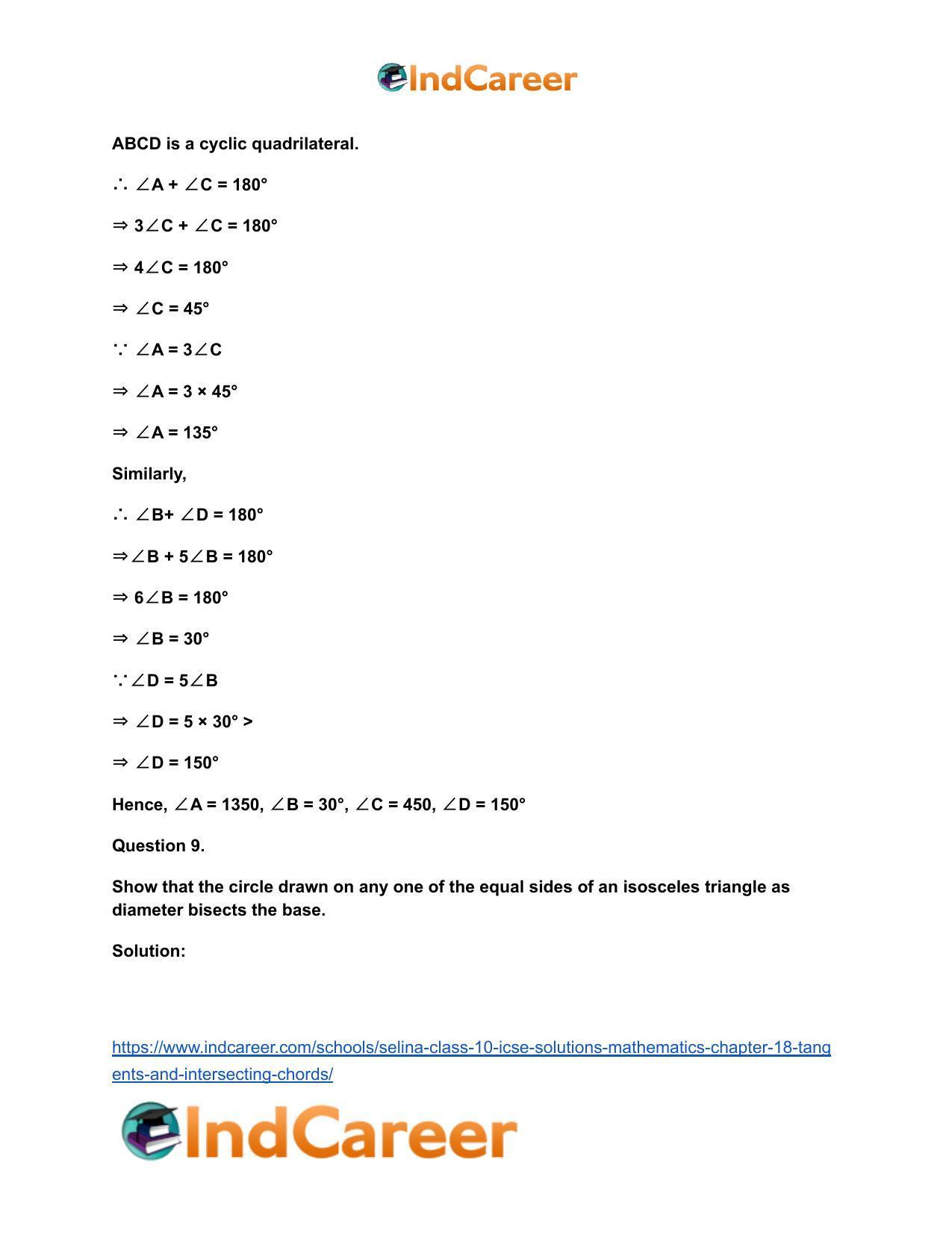 Selina Class 10 ICSE Solutions Mathematics : Chapter 18- Tangents and Intersecting Chords - Page 62