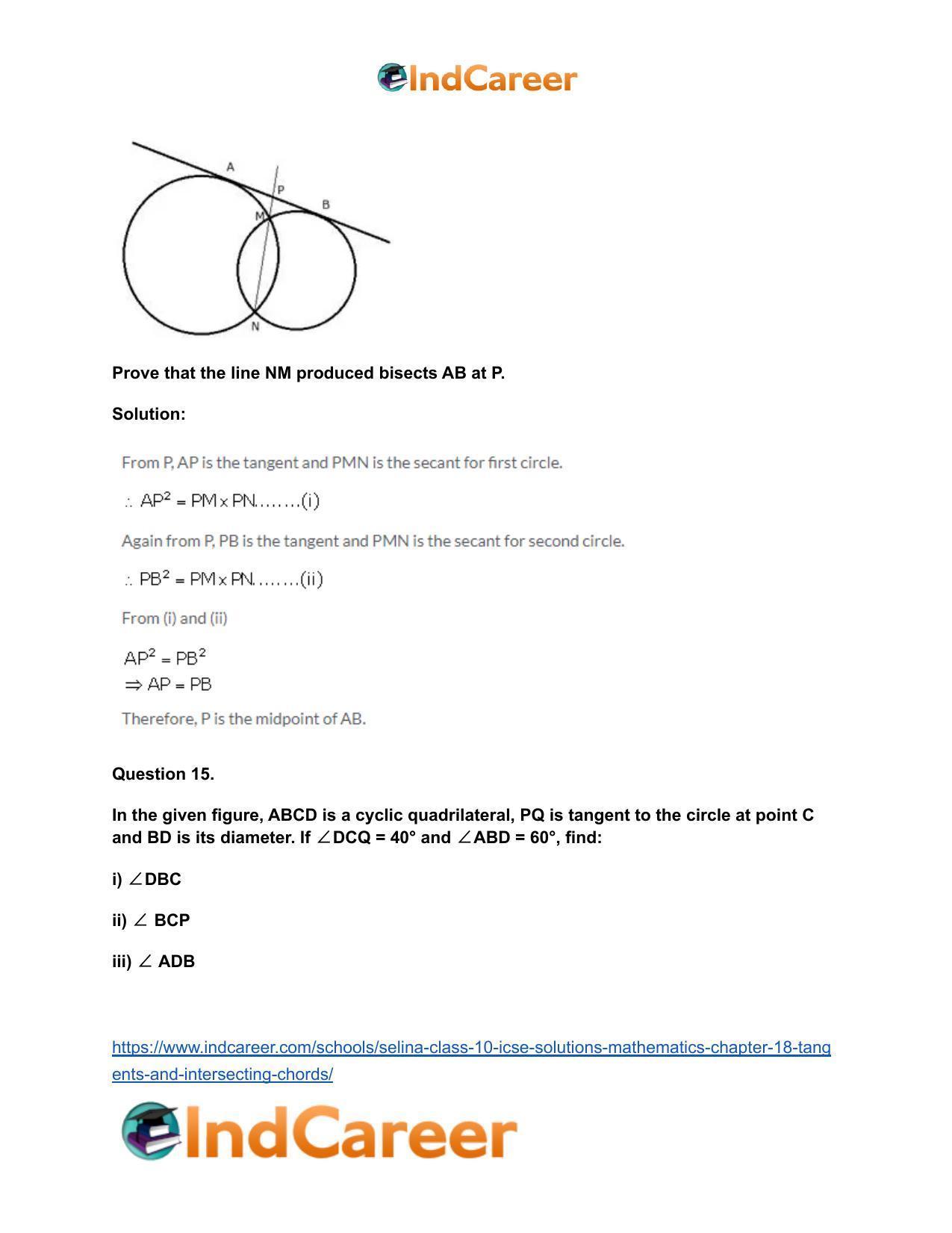 Selina Class 10 ICSE Solutions Mathematics : Chapter 18- Tangents and Intersecting Chords - Page 69