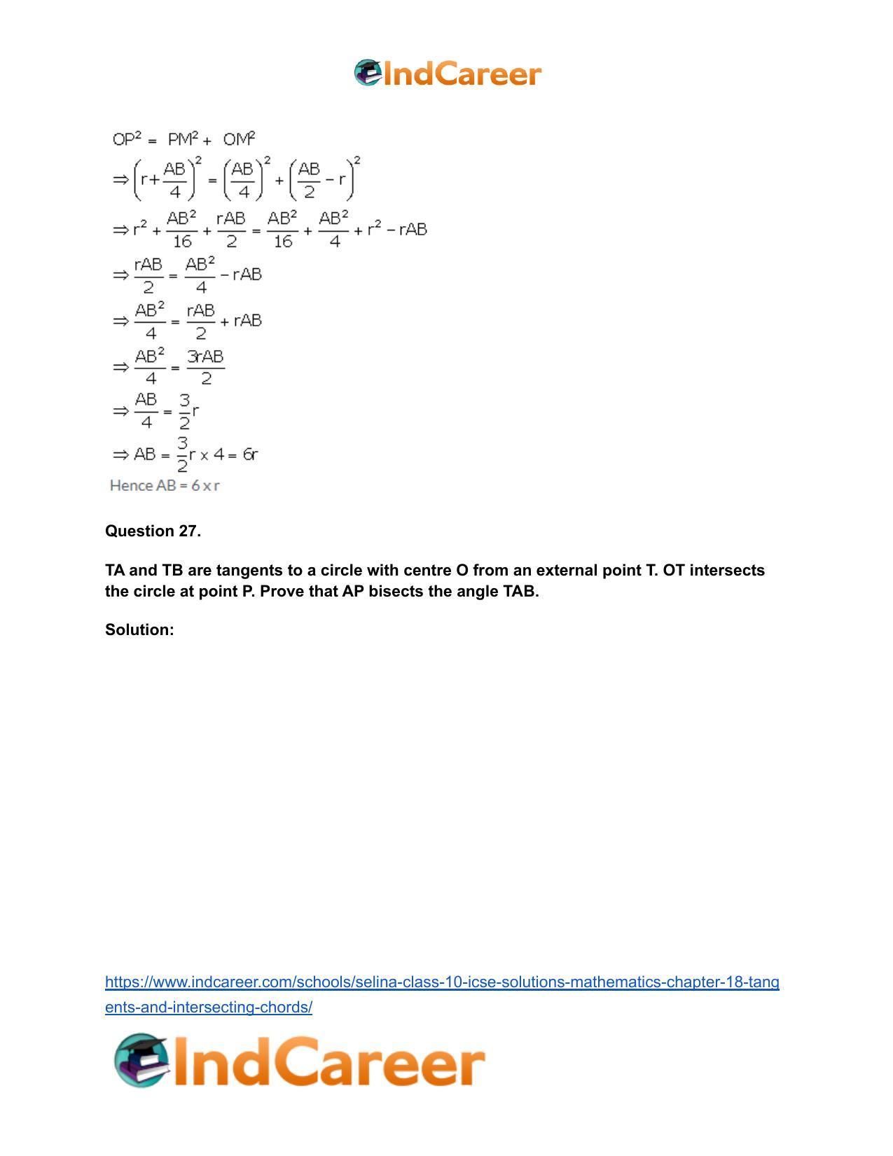Selina Class 10 ICSE Solutions Mathematics : Chapter 18- Tangents and Intersecting Chords - Page 91