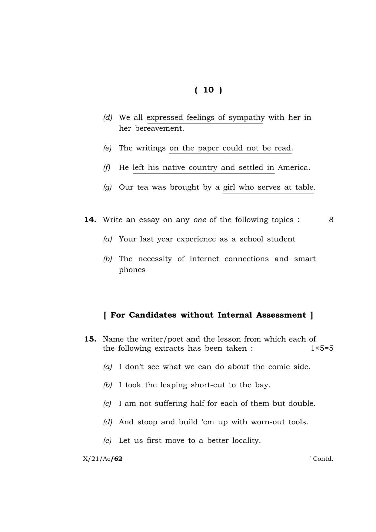Meghalaya Board (MBOSE) Class 10 ALTERNATIVE ENGLISH  (X-21-Ae) 2021 Question Paper - Page 10