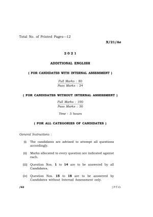 Meghalaya Board (MBOSE) Class 10 ALTERNATIVE ENGLISH  (X-21-Ae) 2021 Question Paper