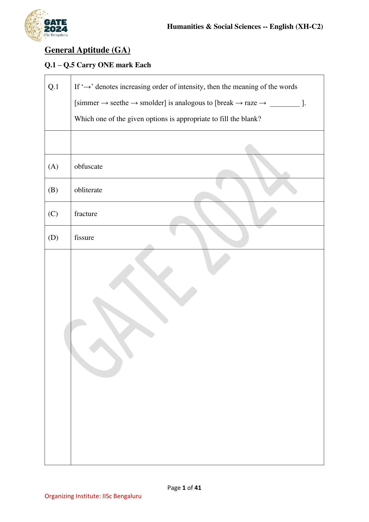 GATE 2024 Humanities & Social Sciences - English (XH-C2) Question Paper - Page 1