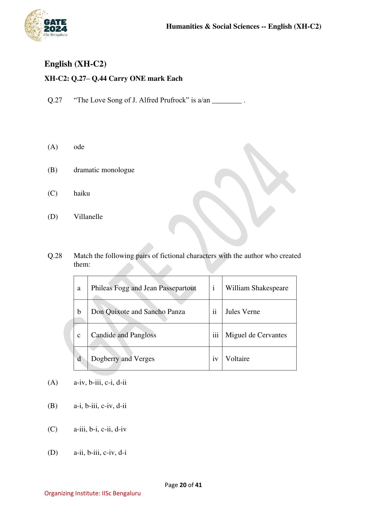 GATE 2024 Humanities & Social Sciences - English (XH-C2) Question Paper - Page 20