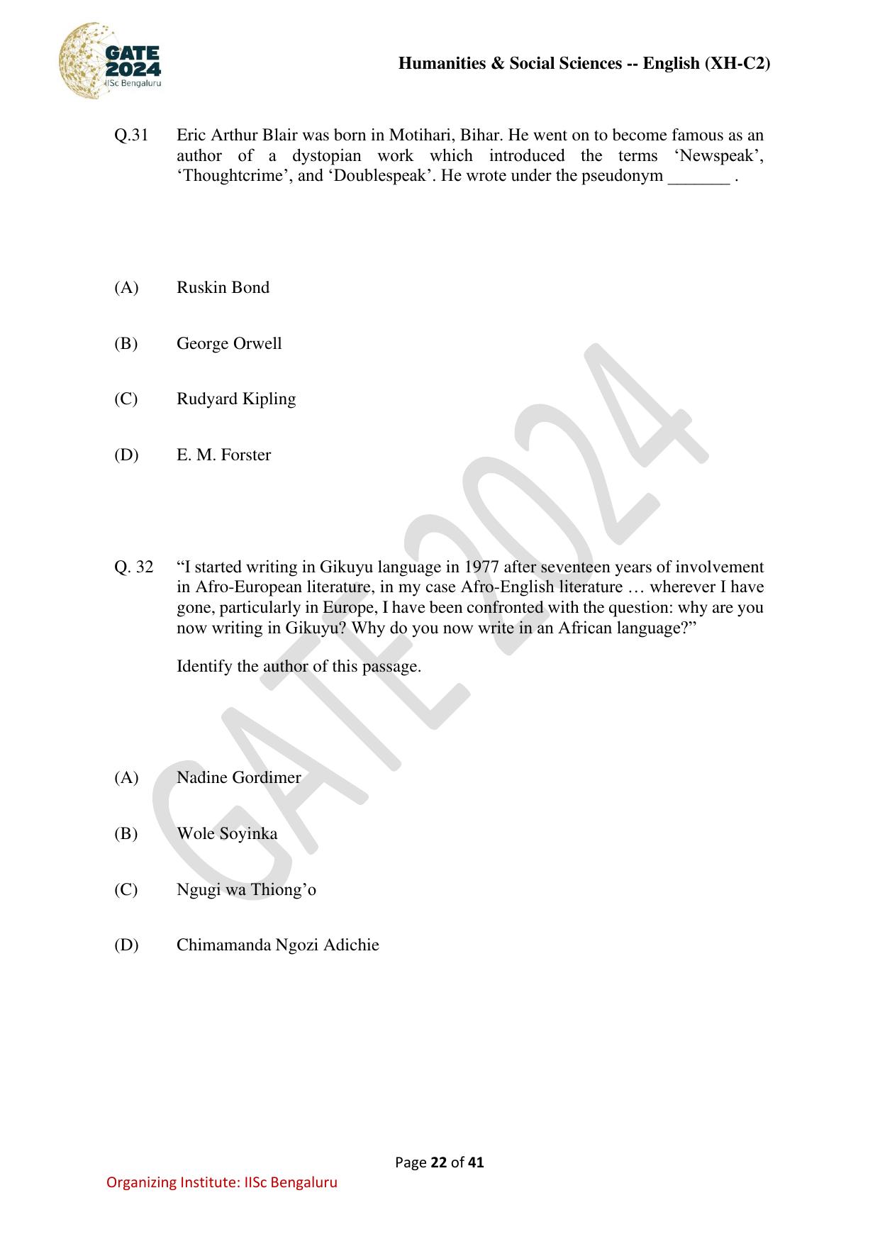GATE 2024 Humanities & Social Sciences - English (XH-C2) Question Paper - Page 22