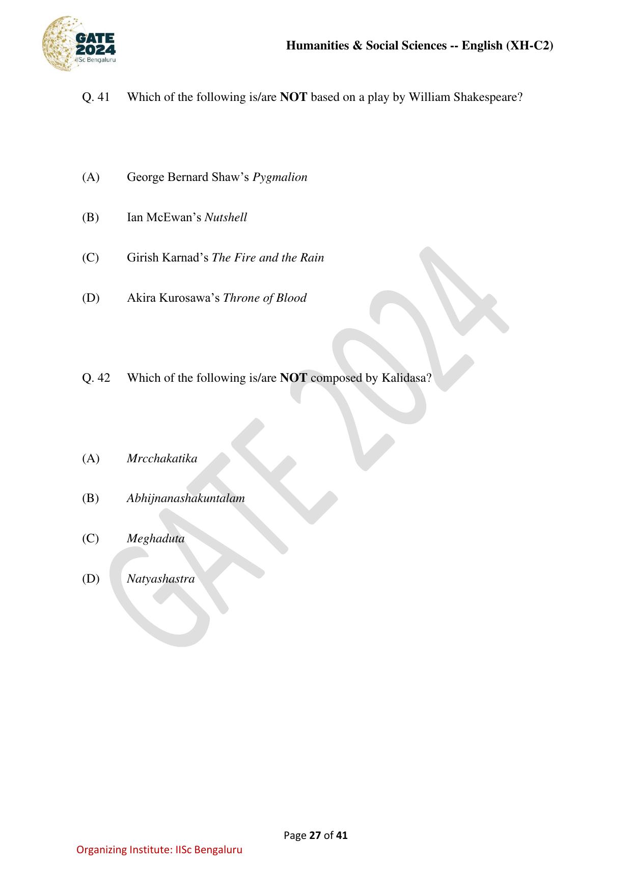 GATE 2024 Humanities & Social Sciences - English (XH-C2) Question Paper - Page 27