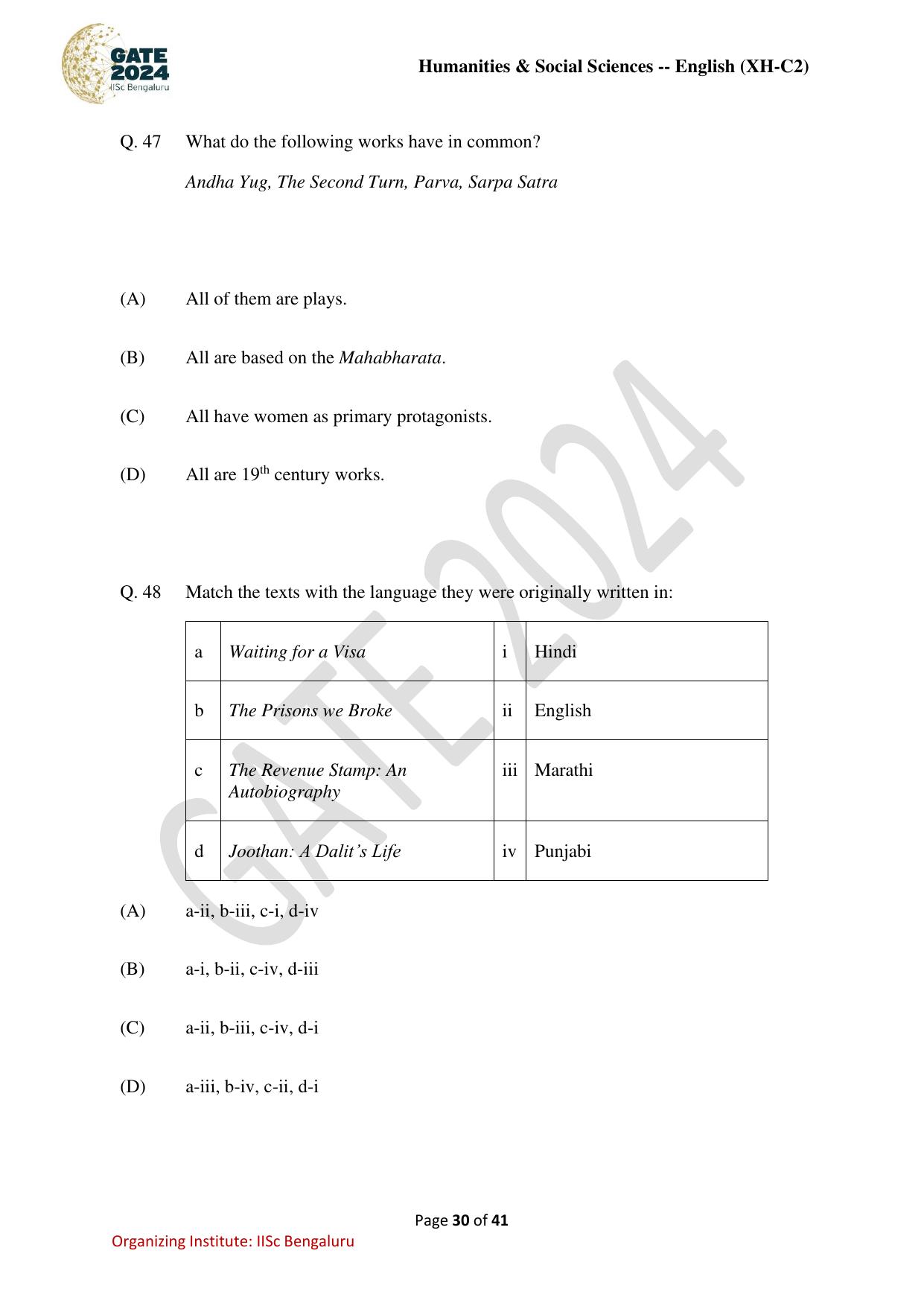 GATE 2024 Humanities & Social Sciences - English (XH-C2) Question Paper - Page 30