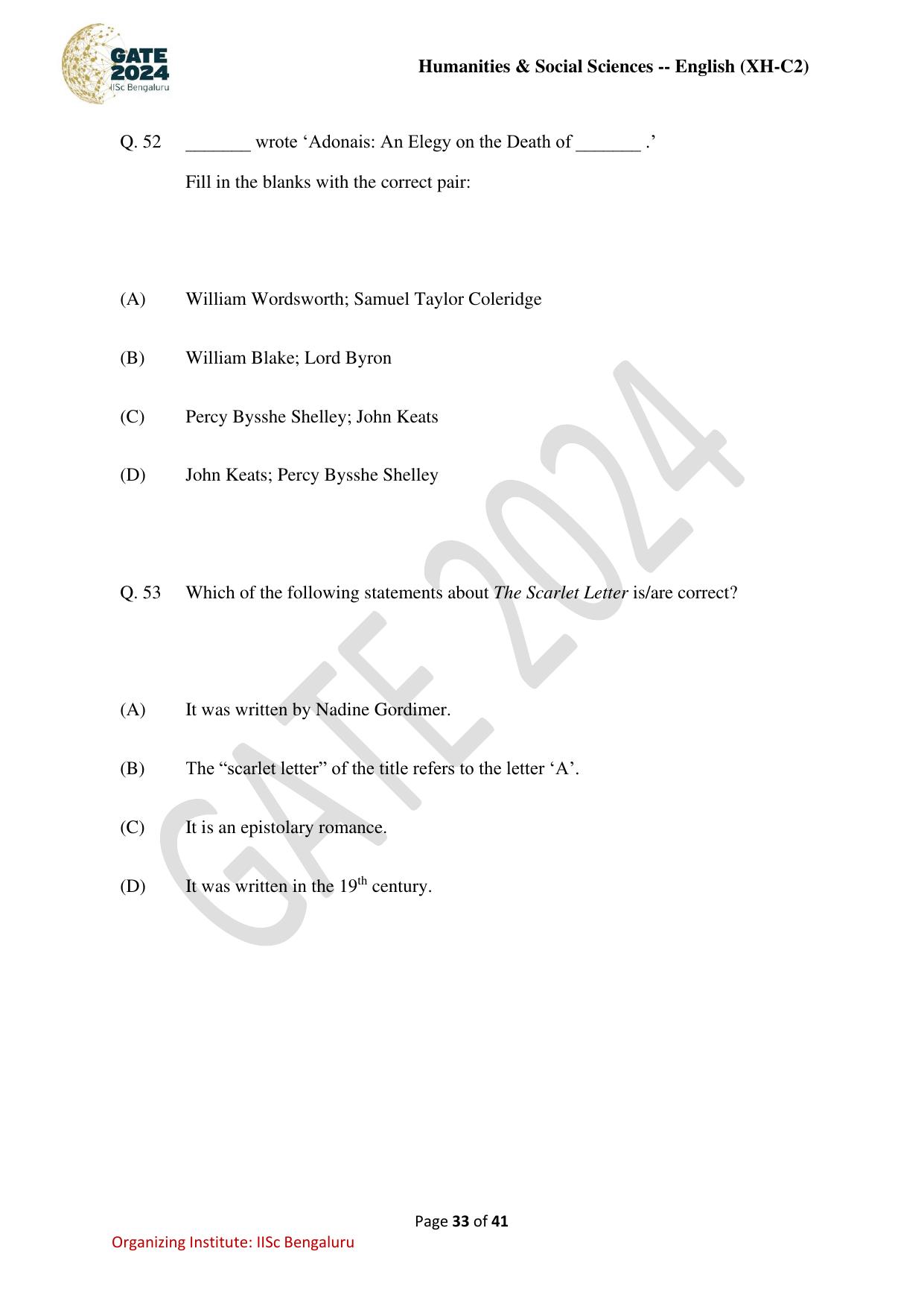 GATE 2024 Humanities & Social Sciences - English (XH-C2) Question Paper - Page 33