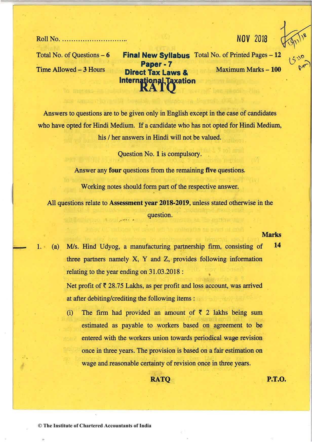 CA Final Nov 2018 Question Paper - Paper 7 – Direct Tax Laws and International Taxation - Page 1