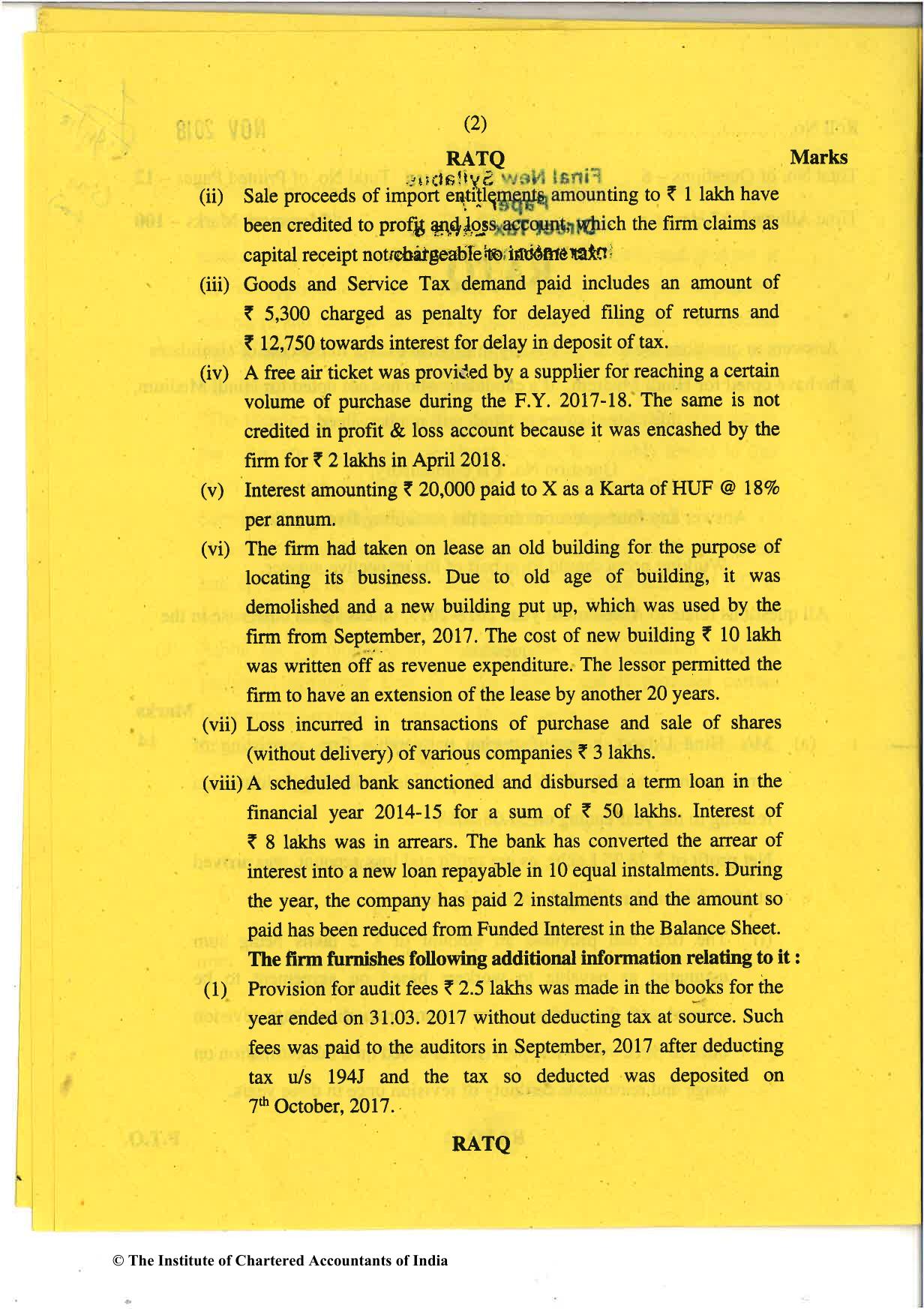 CA Final Nov 2018 Question Paper - Paper 7 – Direct Tax Laws and International Taxation - Page 2