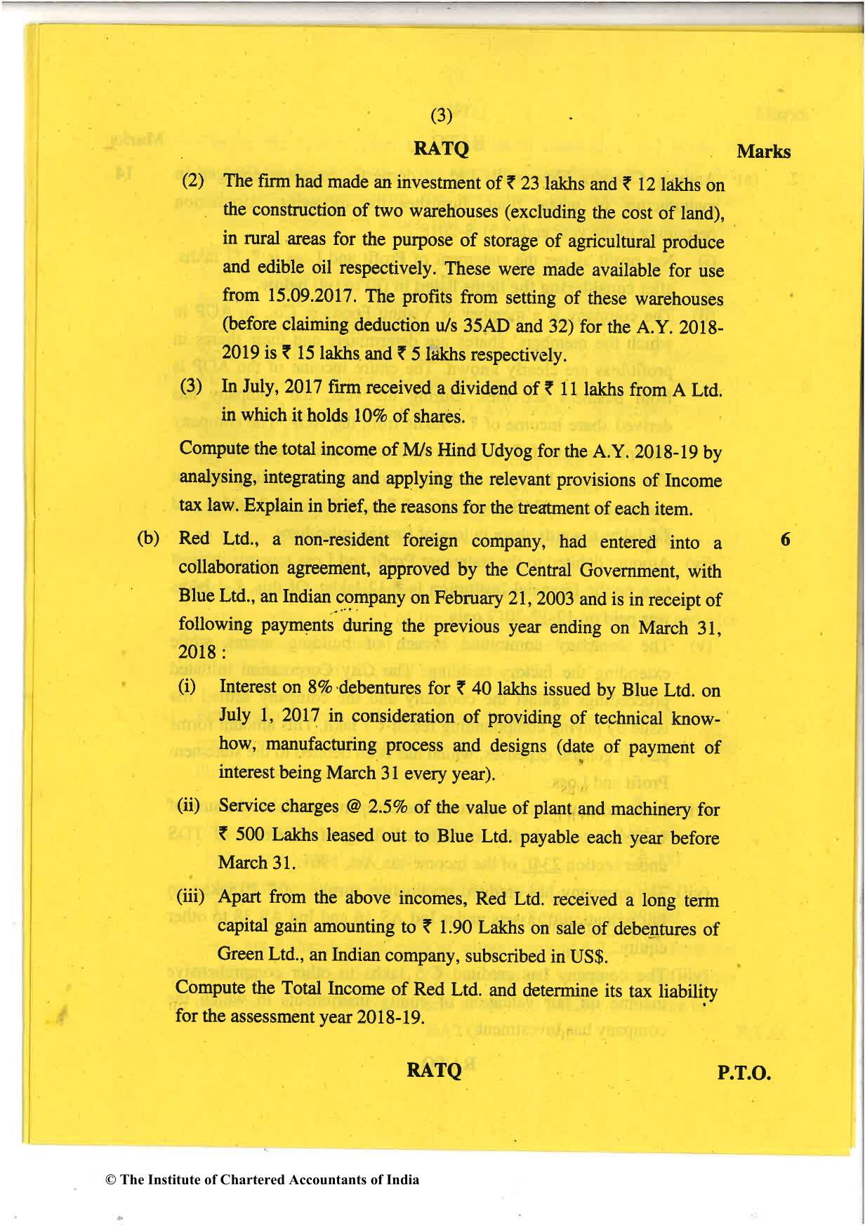 CA Final Nov 2018 Question Paper - Paper 7 – Direct Tax Laws and International Taxation - Page 3
