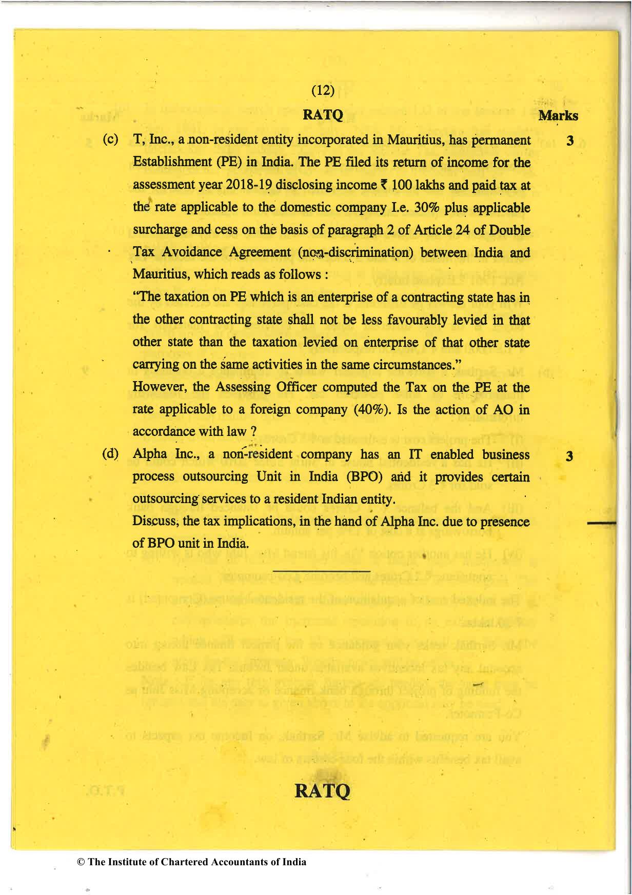 CA Final Nov 2018 Question Paper - Paper 7 – Direct Tax Laws and International Taxation - Page 12