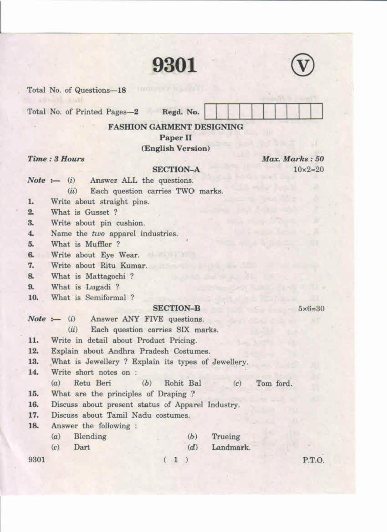 AP Inter 2nd Year Fashion Garment Designing-II May-2019-Vocational Question Paper - Page 1