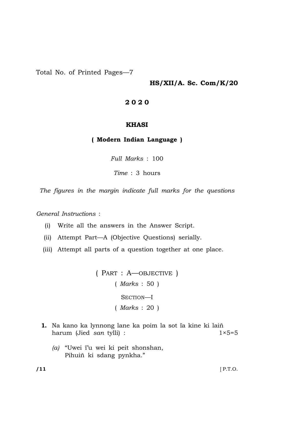 Meghalaya Board (MBOSE) Class 12 KHASI 2020 Question Paper - Page 1