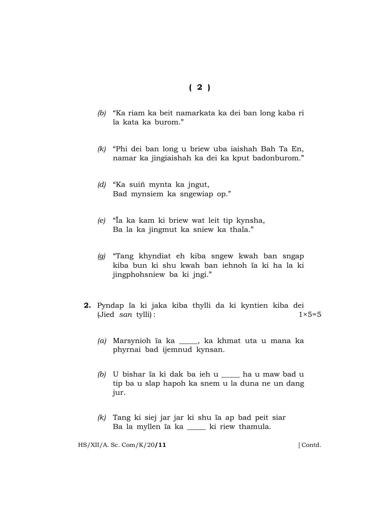 Meghalaya Board (MBOSE) Class 12 KHASI 2020 Question Paper - Page 2