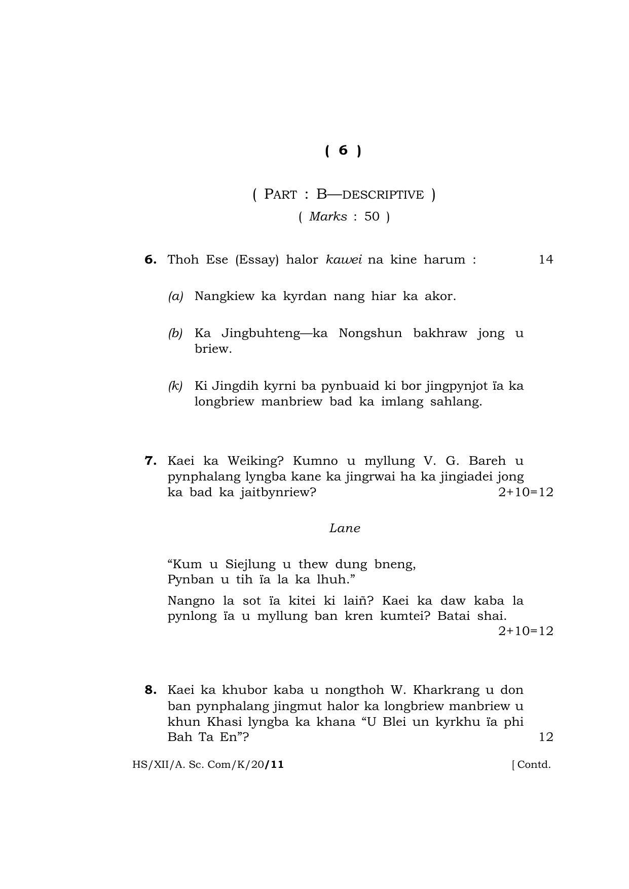 Meghalaya Board (MBOSE) Class 12 KHASI 2020 Question Paper - Page 6