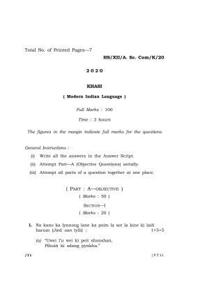 Meghalaya Board (MBOSE) Class 12 KHASI 2020 Question Paper