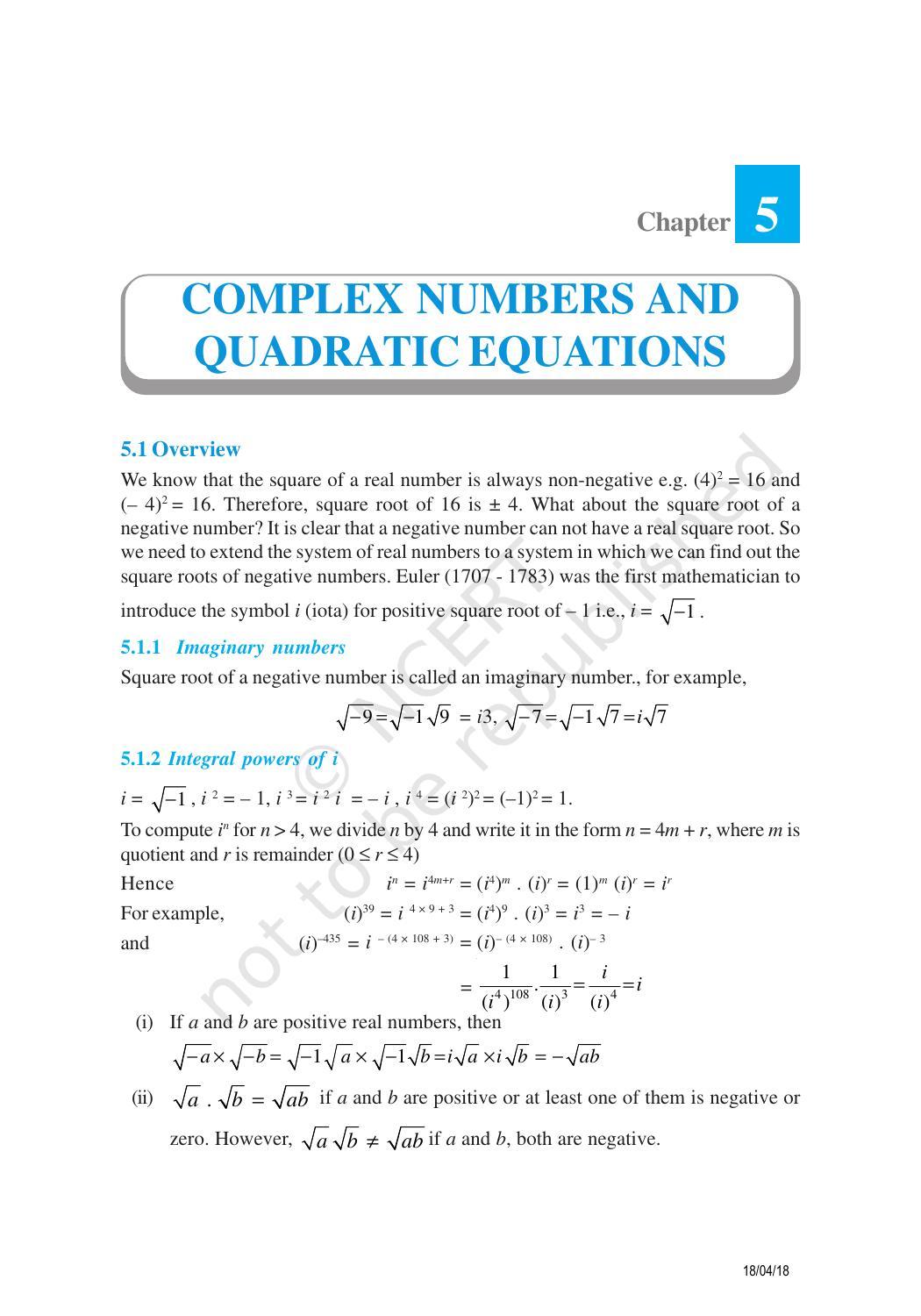 NCERT Exemplar Book for Class 11 Maths: Chapter 5 Complex Numbers and Quadratic Equations - Page 1