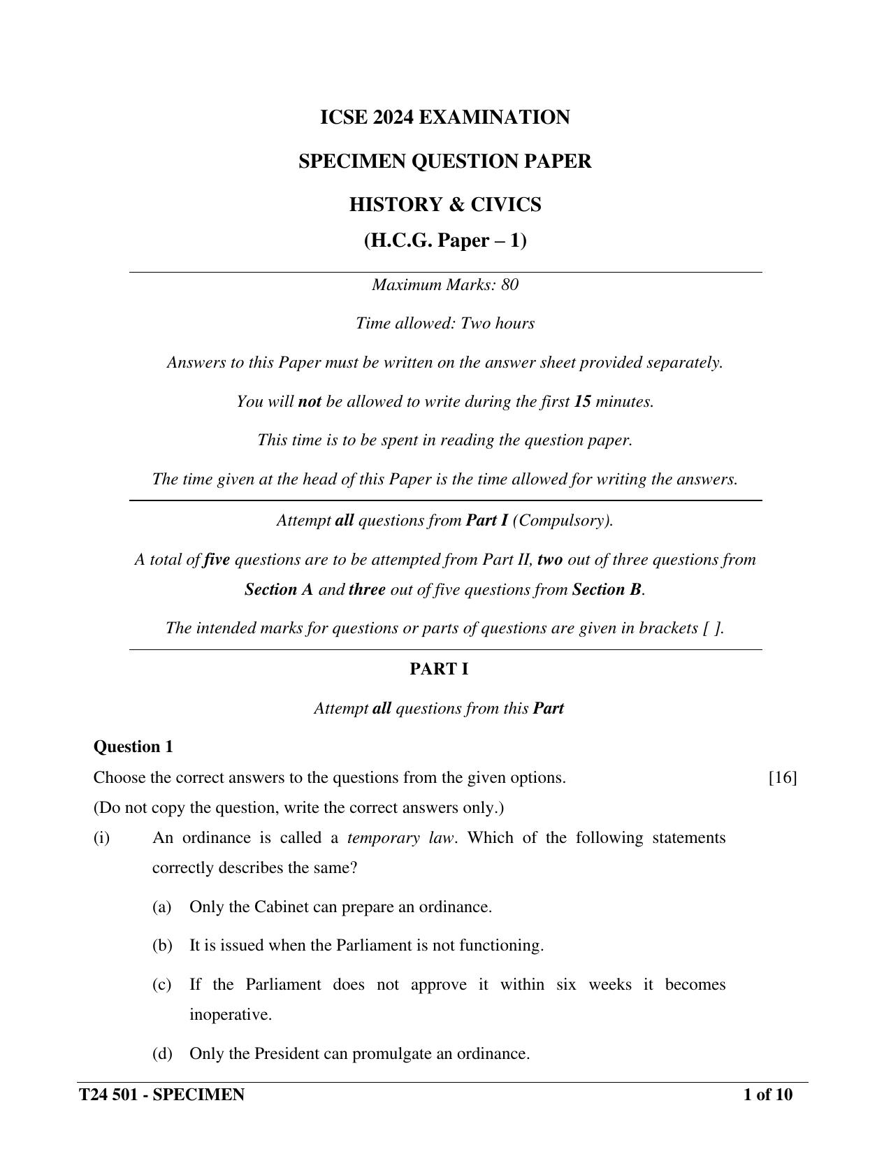 ICSE Class 10  2024 History and Civics Sample Paper - Page 1