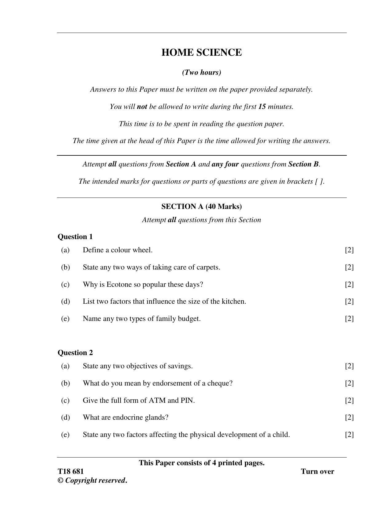 ICSE Class 10 Home Science 2018 Question Paper - Page 1