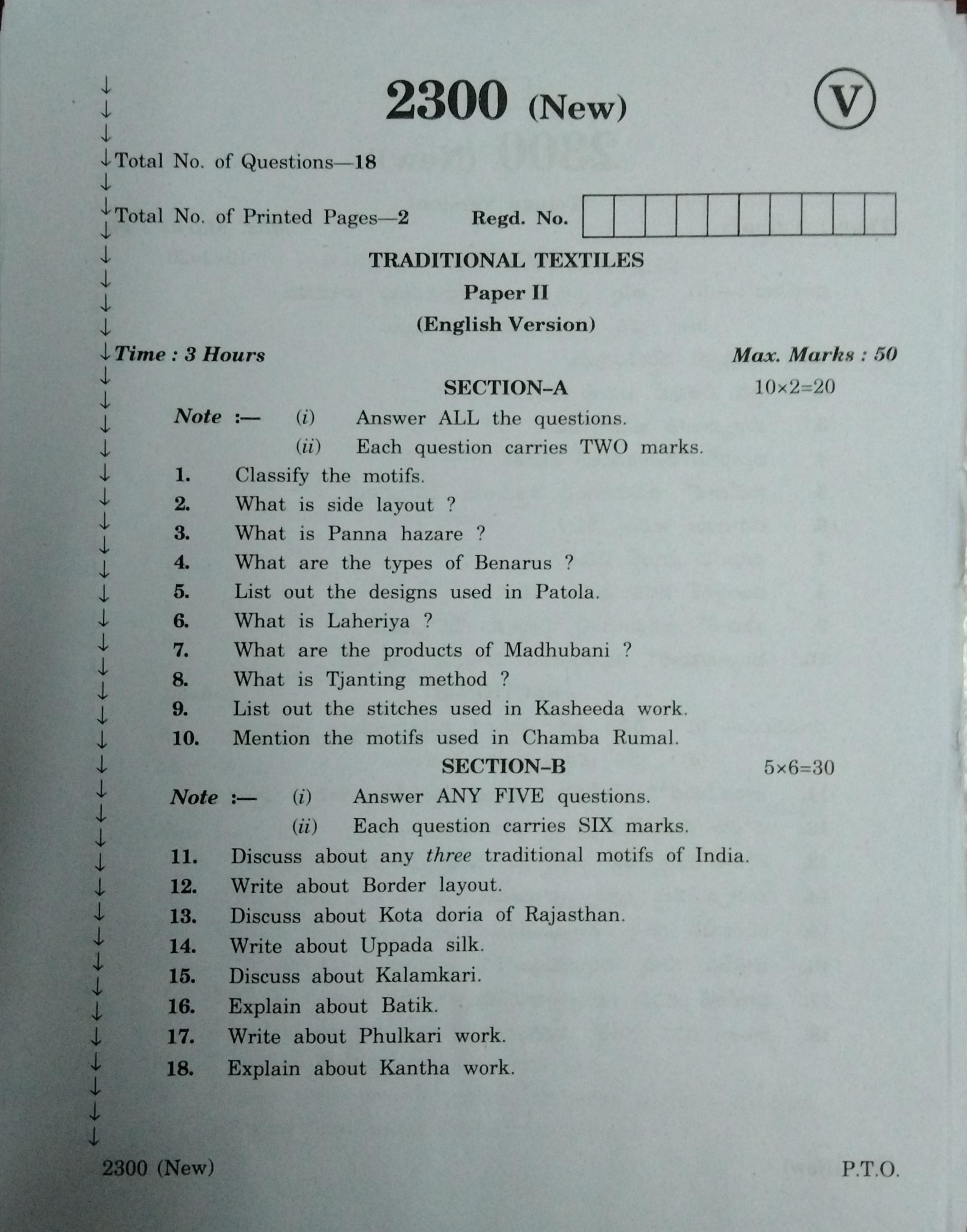 AP Inter 2nd Year Traditional Textiles-II (new) March-2020-Vocational Question Paper - Page 1