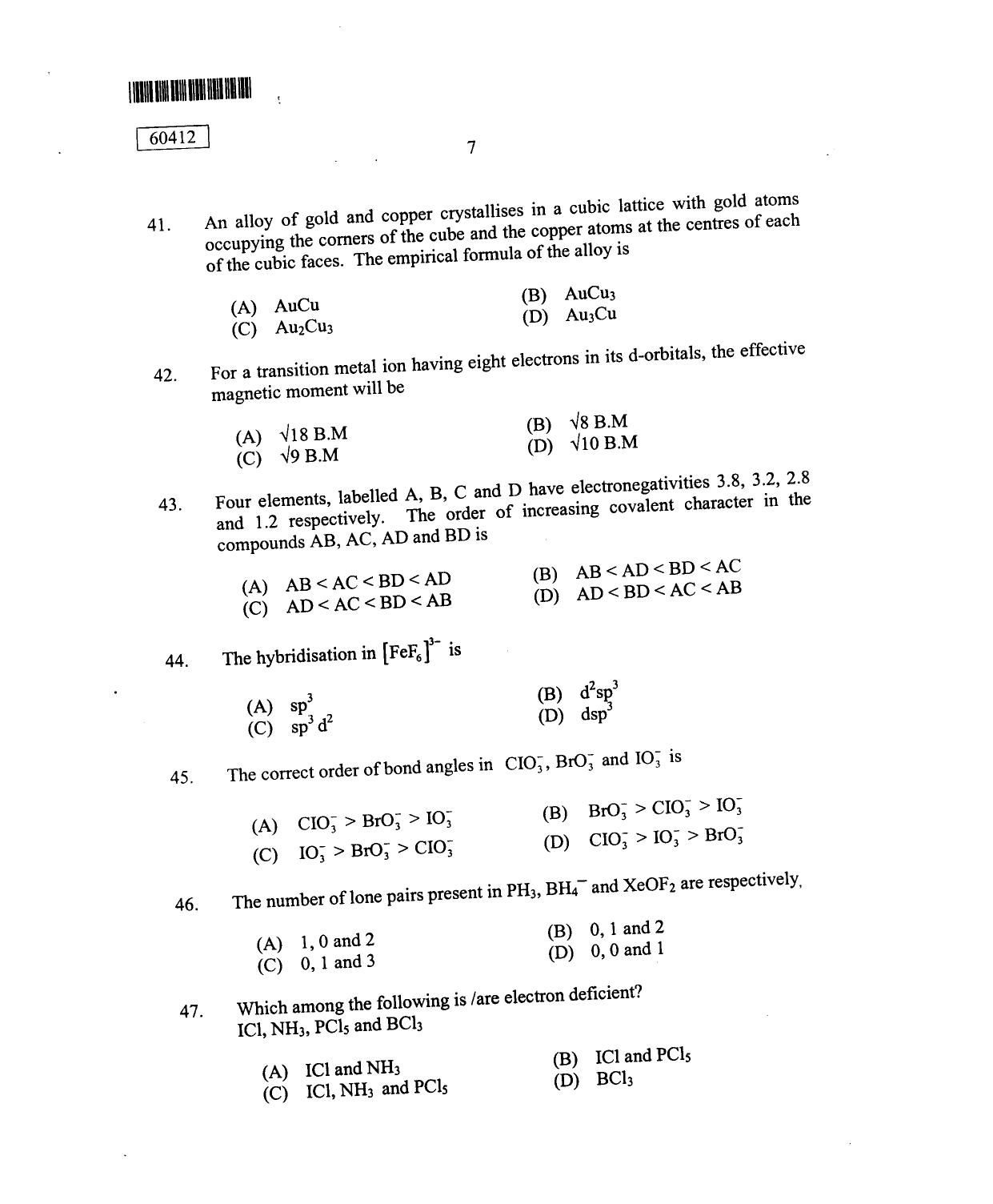 CUSAT CAT 2012 Chemistry Question Paper - Page 8