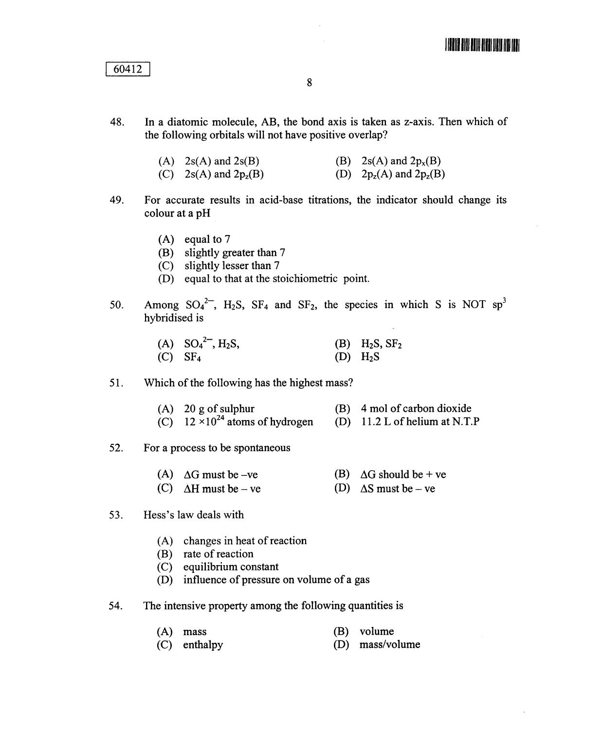 CUSAT CAT 2012 Chemistry Question Paper - Page 9