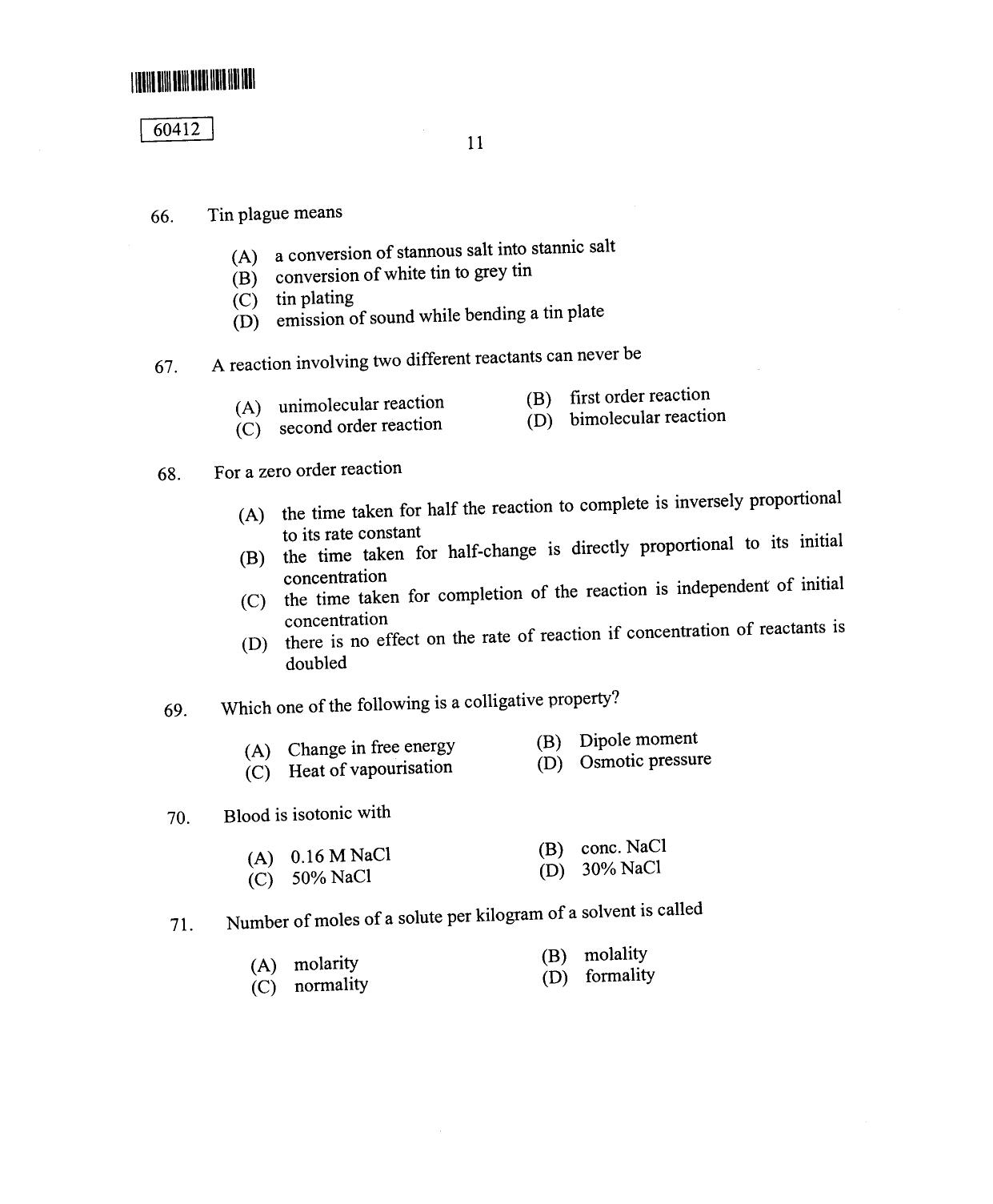 CUSAT CAT 2012 Chemistry Question Paper - Page 12
