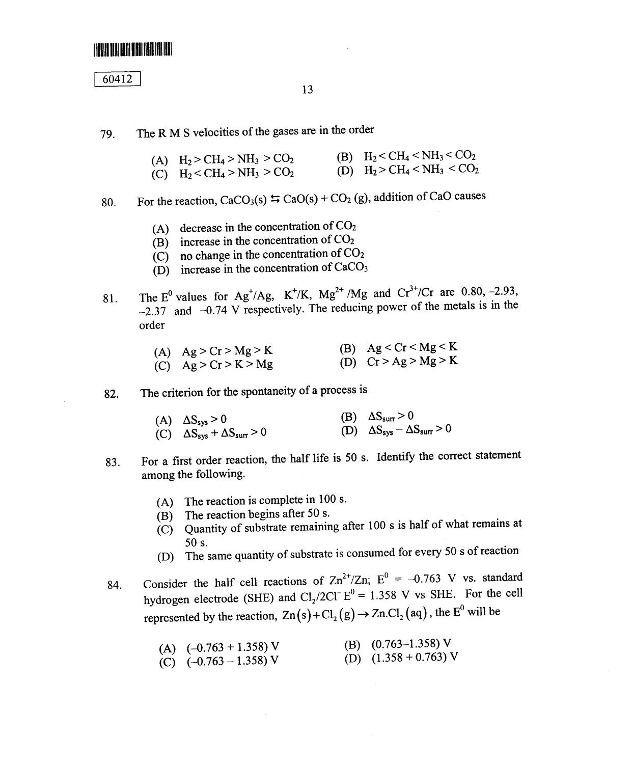 CUSAT CAT 2012 Chemistry Question Paper - Page 14
