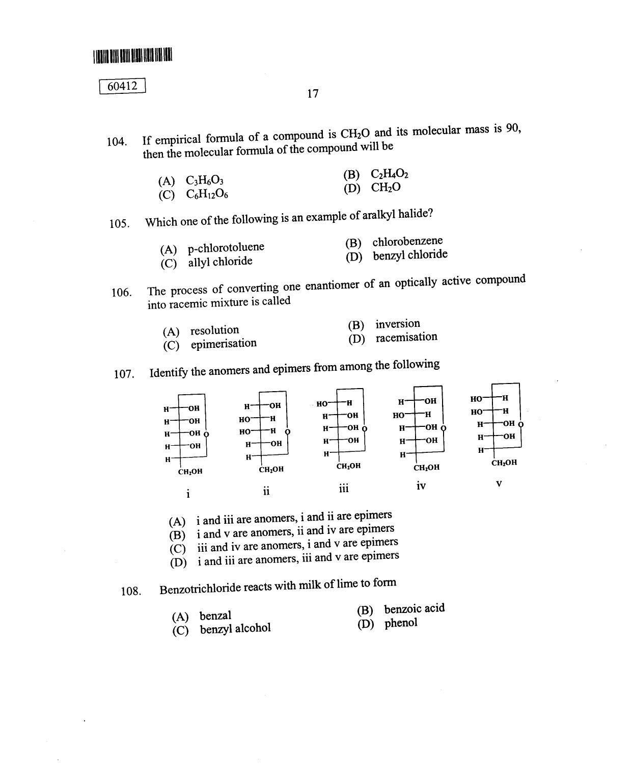 CUSAT CAT 2012 Chemistry Question Paper - Page 18