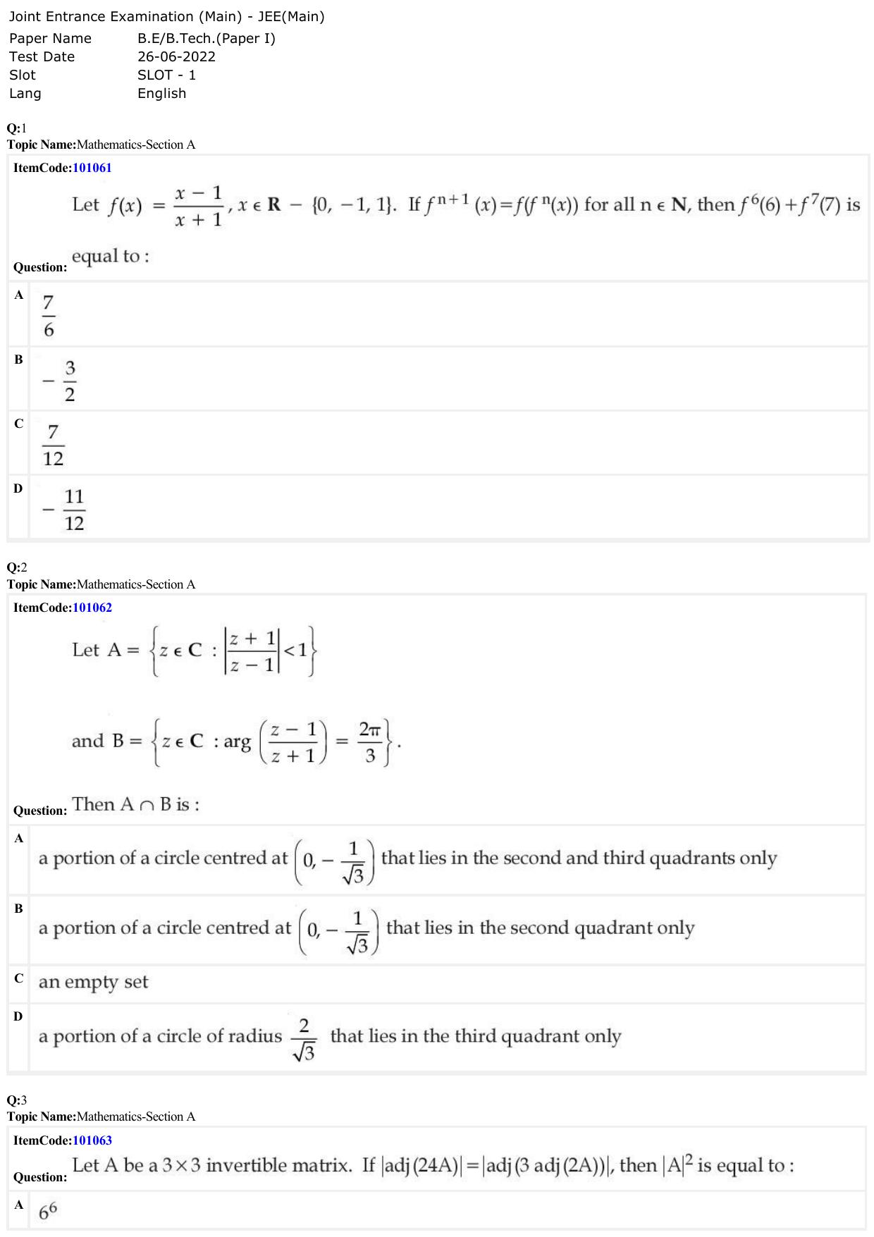 JEE Mains 2022: BTech English (Shift 1) 26-06-2022 Question Paper - Page 1