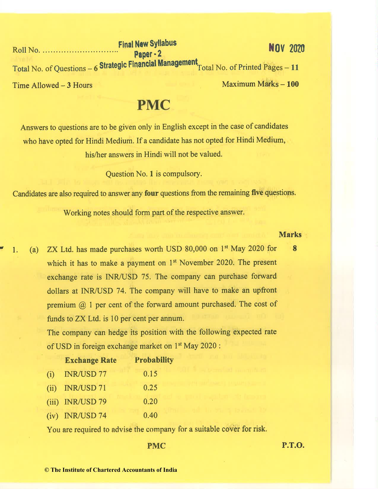 CA Final Nov 2020 Question Paper - Paper 2 – Strategic Financial Management - Page 1