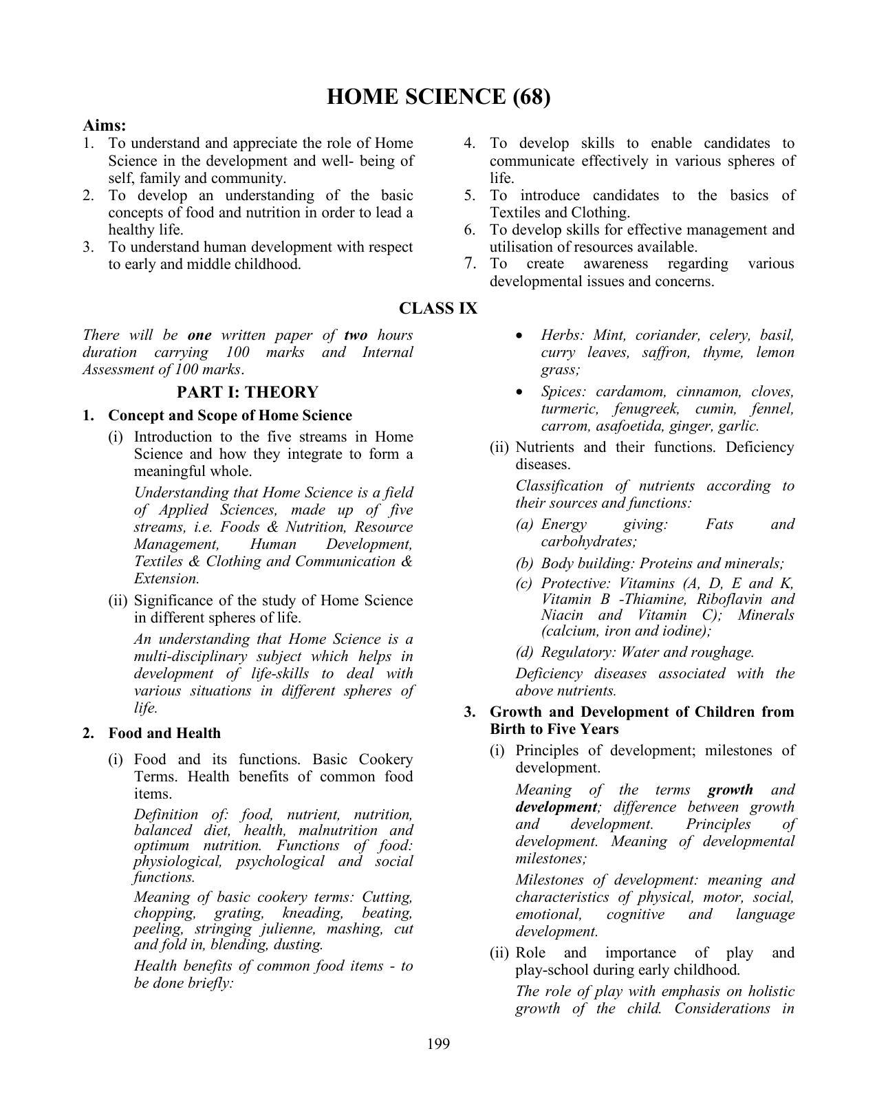 ICSE Home Science Syllabus 2026 - Page 1