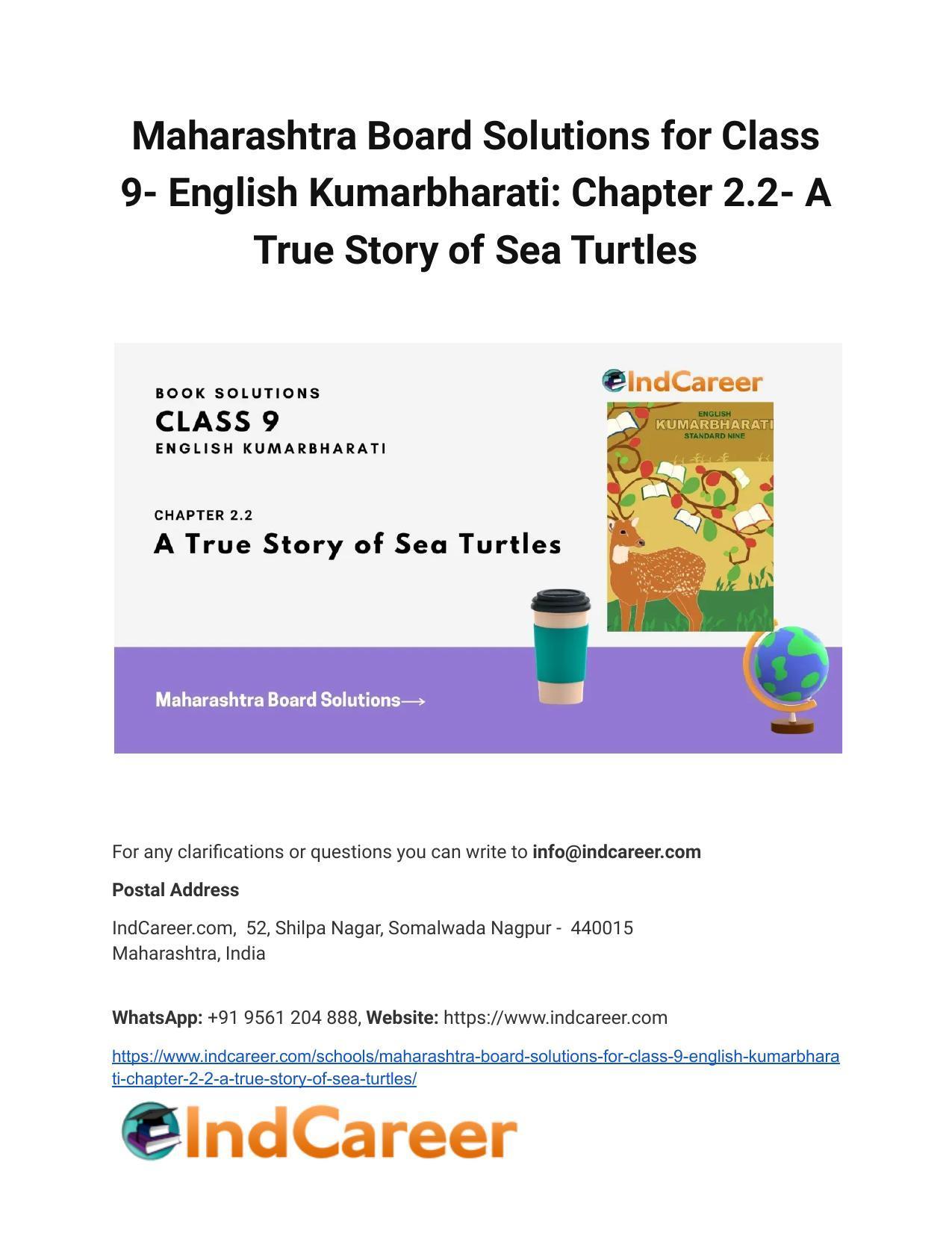 Maharashtra Board Solutions for Class 9- English Kumarbharati: Chapter 2.2- A True Story of Sea Turtles - Page 1