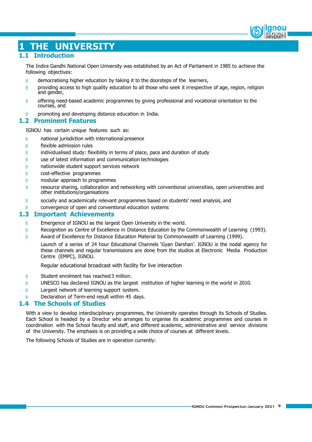 Indira Gandhi National Open University (IGNOU), Delhi - Prospectus 2021 - Page 9