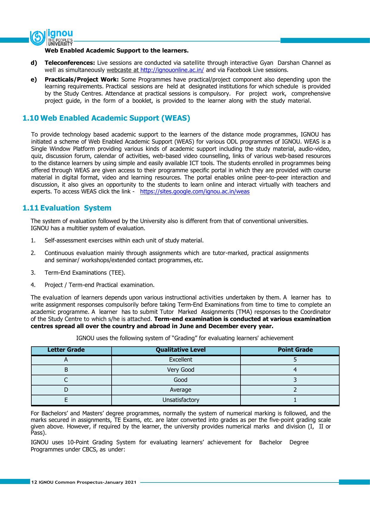Indira Gandhi National Open University (IGNOU), Delhi - Prospectus 2021 - Page 12