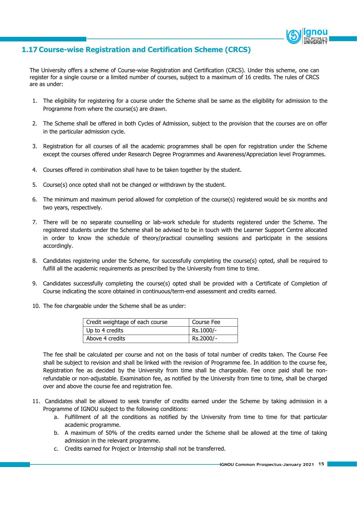Indira Gandhi National Open University (IGNOU), Delhi - Prospectus 2021 - Page 15