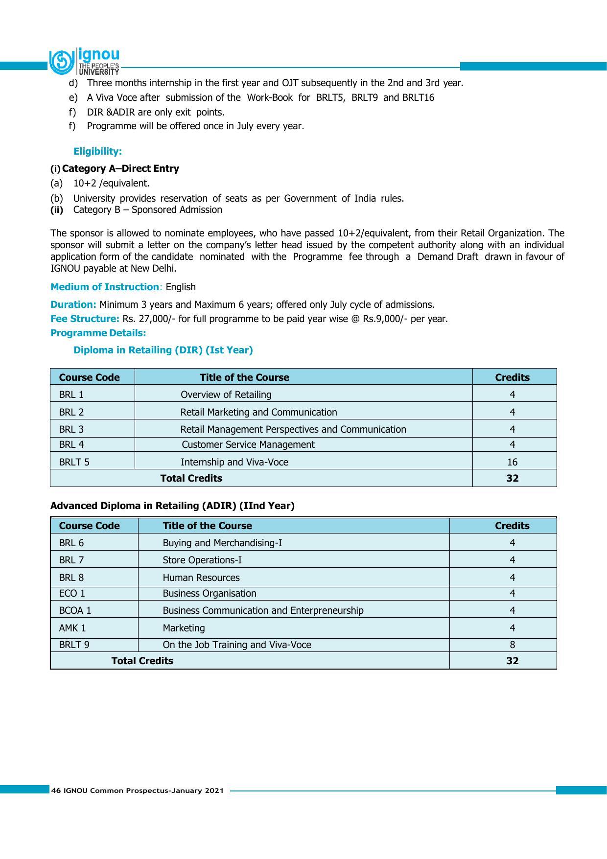 Indira Gandhi National Open University (IGNOU), Delhi - Prospectus 2021 - Page 46
