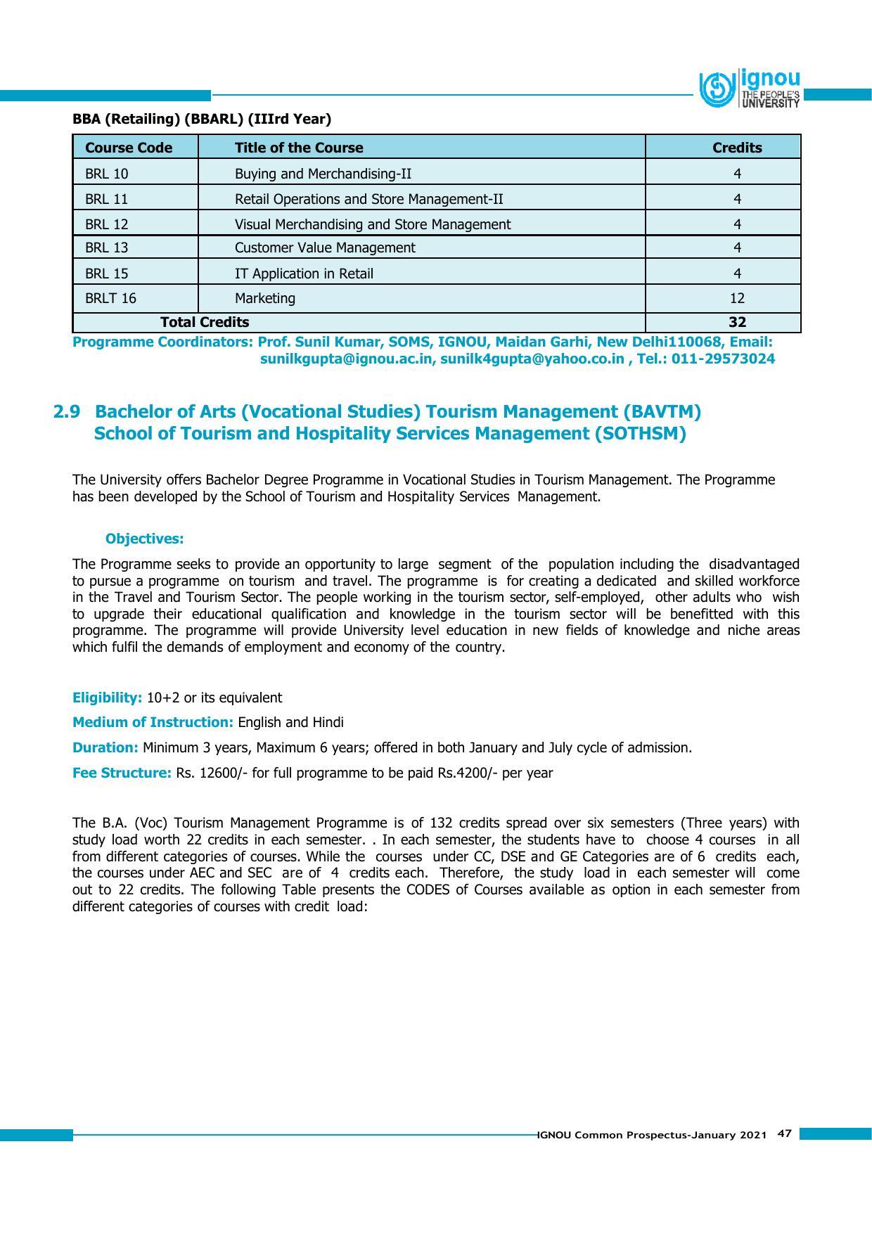 Indira Gandhi National Open University (IGNOU), Delhi - Prospectus 2021 - Page 47