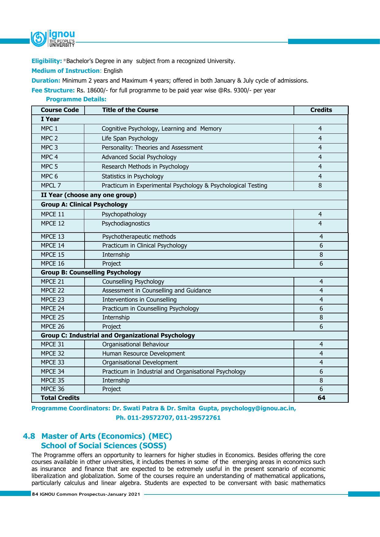 Indira Gandhi National Open University (IGNOU), Delhi - Prospectus 2021 - Page 84