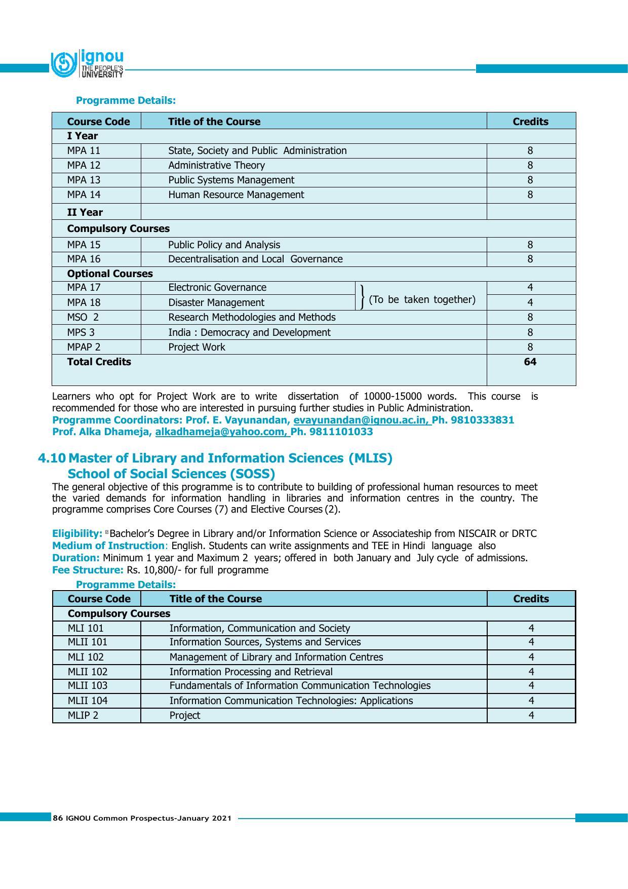 Indira Gandhi National Open University (IGNOU), Delhi - Prospectus 2021 - Page 86