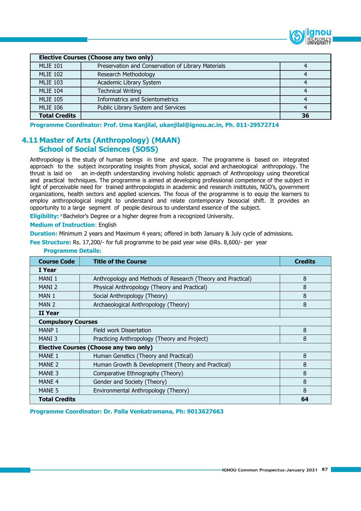 Indira Gandhi National Open University (IGNOU), Delhi - Prospectus 2021 - Page 87