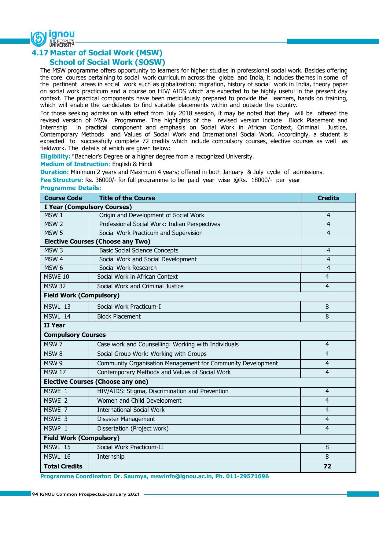 Indira Gandhi National Open University (IGNOU), Delhi - Prospectus 2021 - Page 94