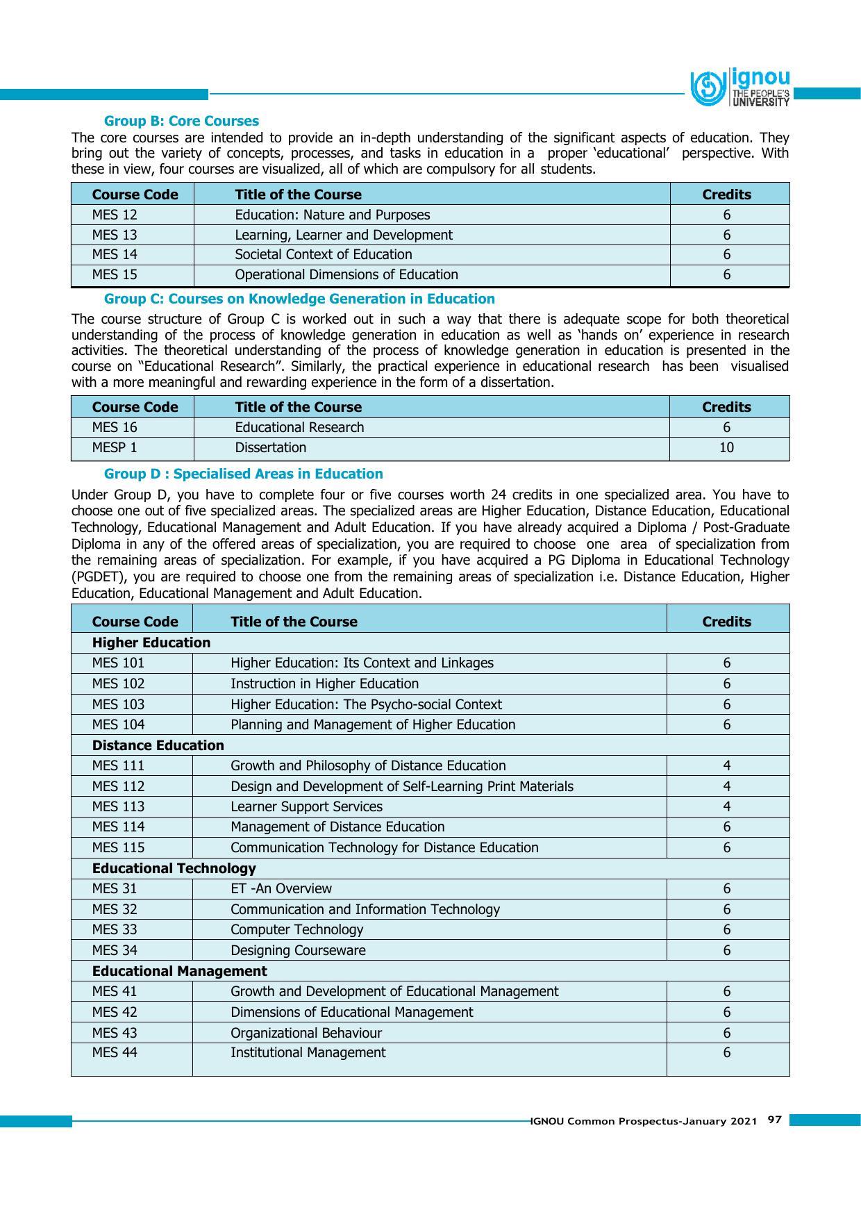 Indira Gandhi National Open University (IGNOU), Delhi - Prospectus 2021 - Page 97