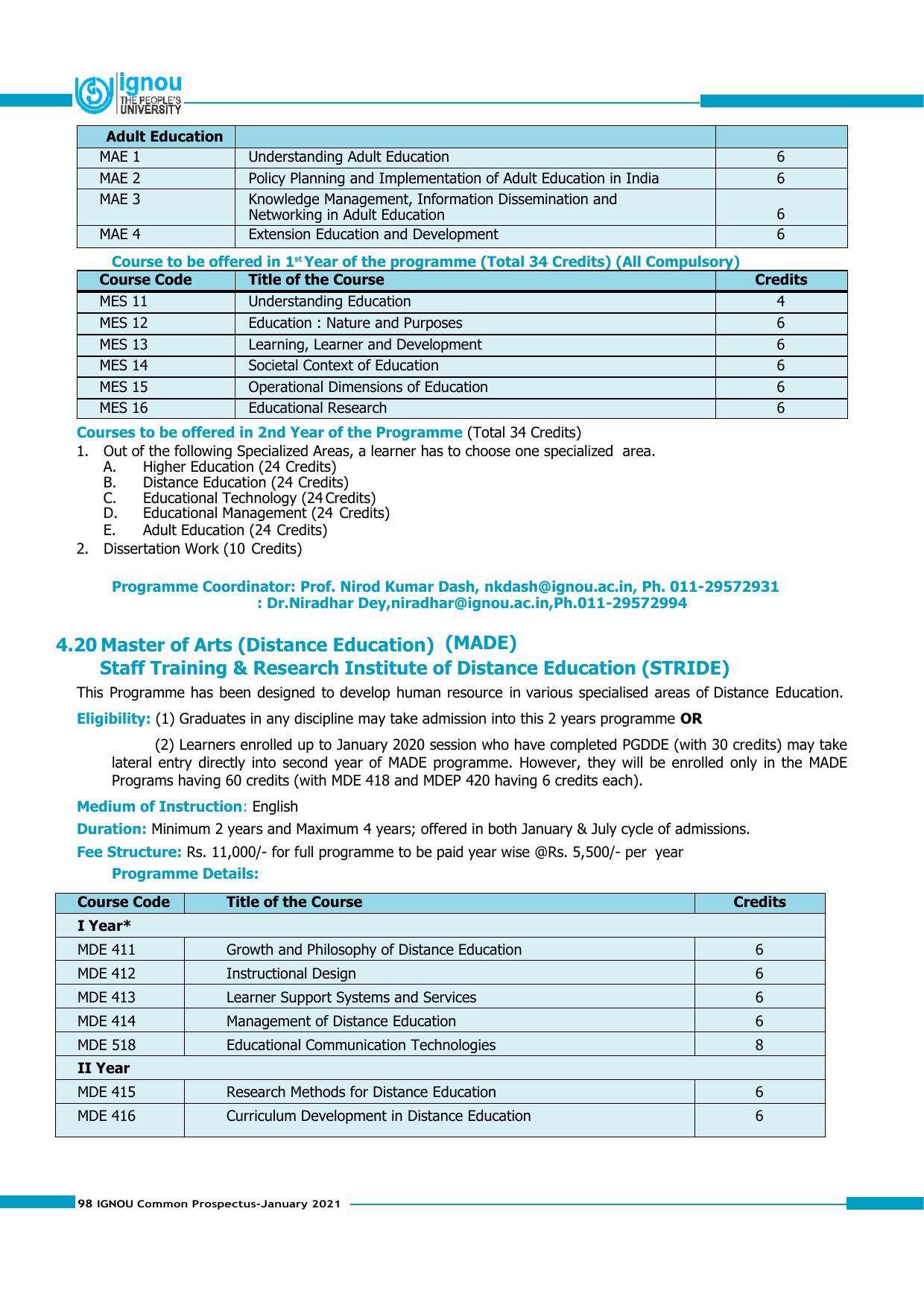Indira Gandhi National Open University (IGNOU), Delhi - Prospectus 2021 - Page 98