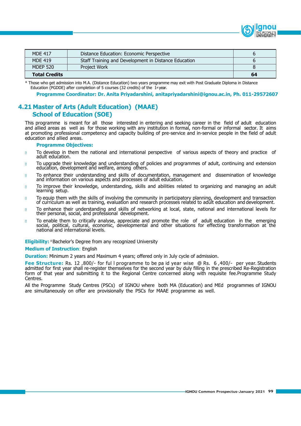 Indira Gandhi National Open University (IGNOU), Delhi - Prospectus 2021 - Page 99