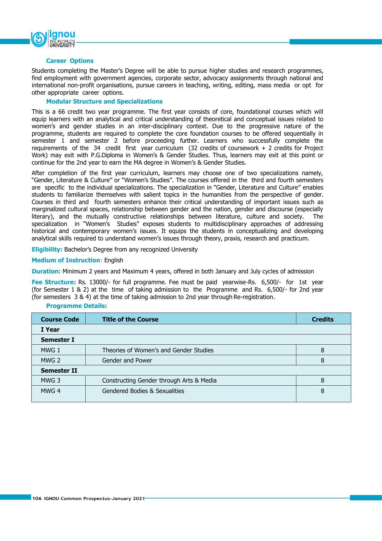 Indira Gandhi National Open University (IGNOU), Delhi - Prospectus 2021 - Page 106