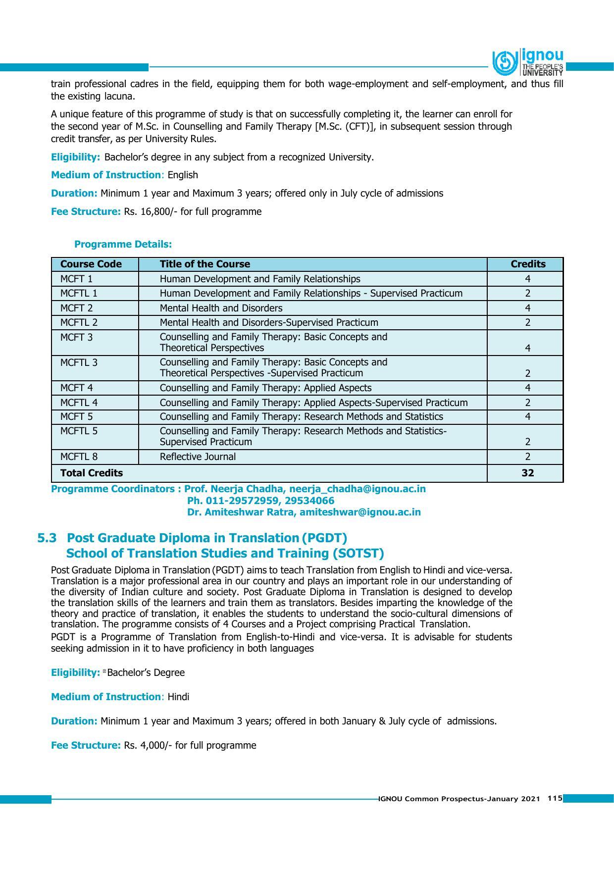 Indira Gandhi National Open University (IGNOU), Delhi - Prospectus 2021 - Page 115