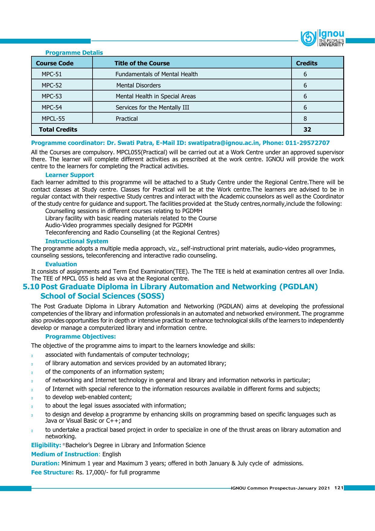 Indira Gandhi National Open University (IGNOU), Delhi - Prospectus 2021 - Page 121